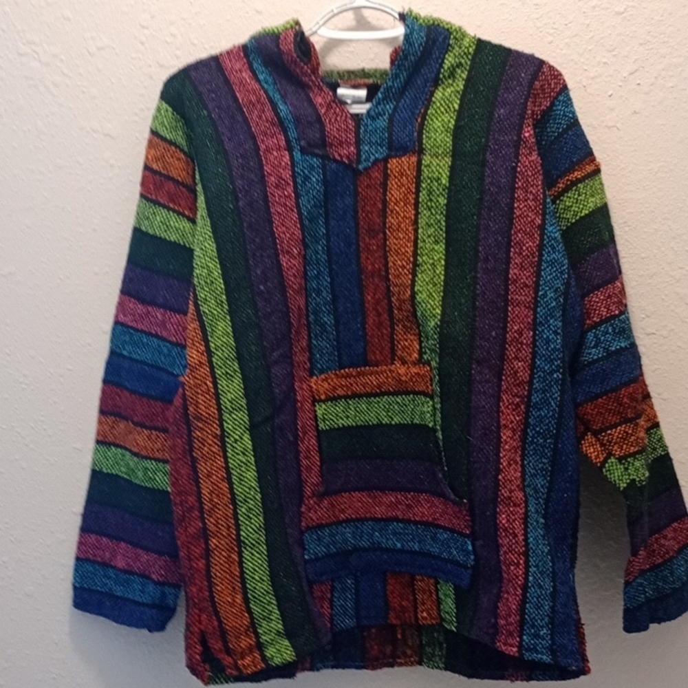 🌈La Malinchie Baja Hoodie • Multicolor Woven Pullover • Boho Surf Style